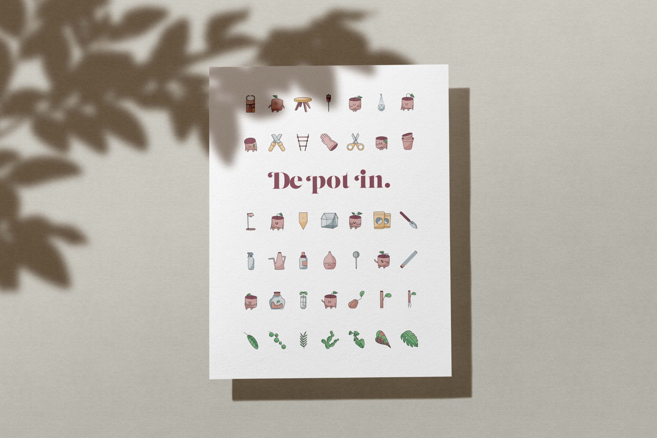 Poster 'De pot in.' met handgetekende iconen van planten, potten en tuingereedschap, opgehangen tegen een muur met bladschaduw.