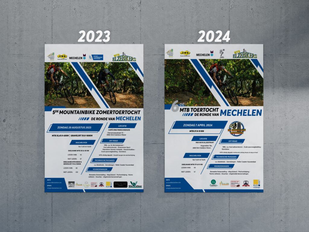 Vergelijking tussen de affiche van 2023 en 2024 voor de MTB Toertocht, naast elkaar op een betonnen muur.