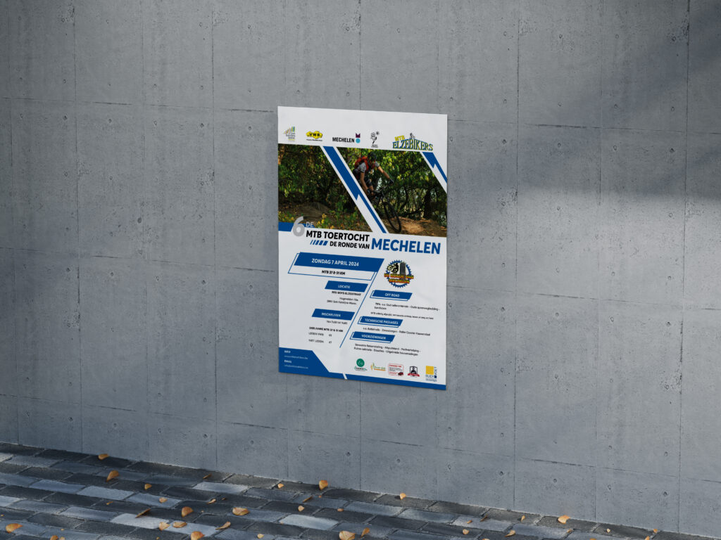 Mockup van de affiche voor de 6de MTB Toertocht, De Ronde van Mechelen, getoond op een betonnen muur.