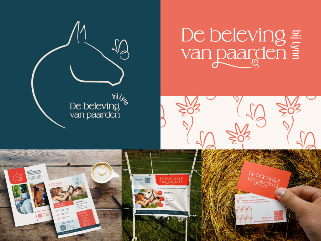Overzichtscollage van de huisstijl voor De beleving van paarden bij Lynn: logo, patroon, flyers, banner en visitekaartje.