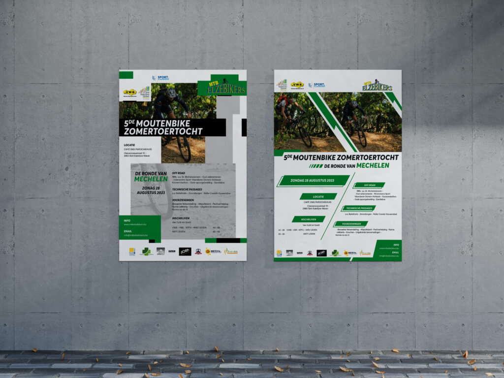 Vergelijking tussen de oude en de vernieuwde affiche voor de 5de MTB Zomertoertocht, naast elkaar op een betonnen muur.