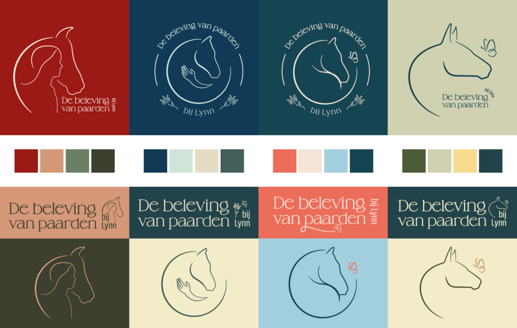 Merkidentiteit-overzicht voor De beleving van paarden bij Lynn, met verschillende logovarianten, kleurenpaletten en wordmarks.