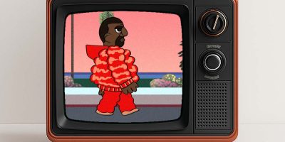 Mockup van een geïllustreerd personage op een retro tv-scherm, met een man in een rode gewatteerde jas tegen een zonnige achtergrond met palmbomen.