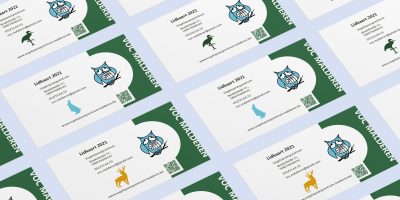 Drukvel met meerdere lidkaarten voor Vogelopvangcentrum Malderen, met een uilenlogo en verschillende diericoontjes.